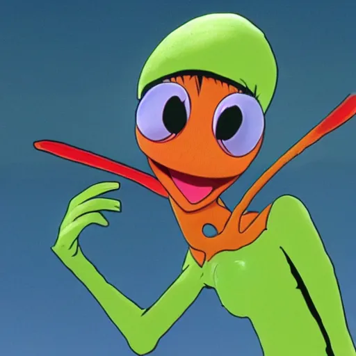 Prompt: Kermit the Frog as Rei Ayanami in Neon Genesis Evangelion