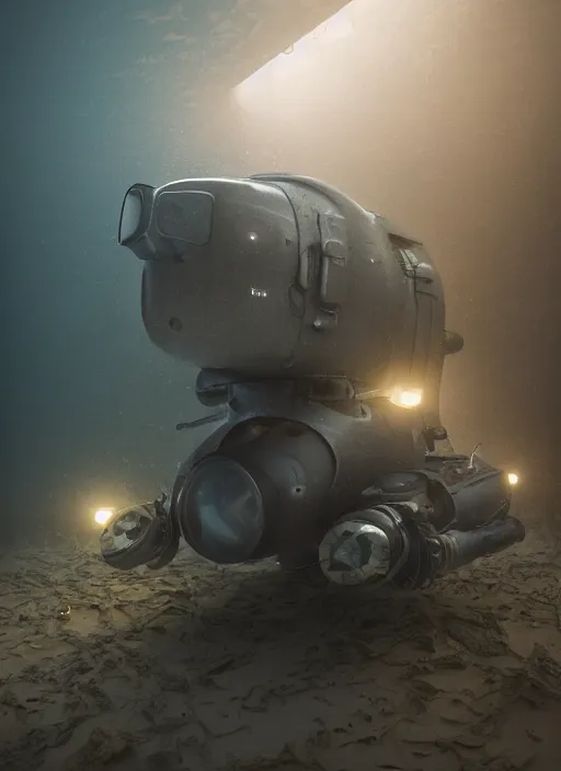 Image similar to a photorealistic dramatic hyperrealistic underwater render of an exosuit deep sea submersible, ultra realistic details, glossy yellow, well worn, rust, oil stains by vitaly bulgarov and mike nash, beautiful dramatic dark moody tones and lighting, cinematic atmosphere, studio lighting, global illumination, shadows, dark background, octane render, 8 k