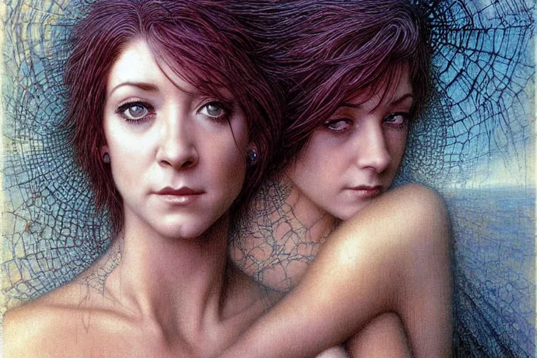 Image similar to cute young alyson hannigan with short hairs in cobweb by jean delville by luis royo and wayne barlowe, beksinski