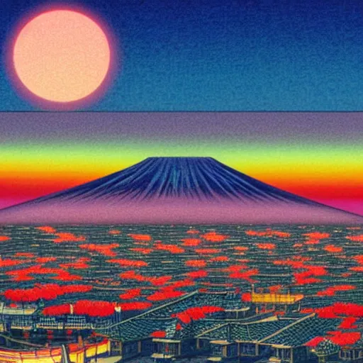Prompt: colorful illustration of japan sunset, by hajime sorayama and hasui kawase and junji ito