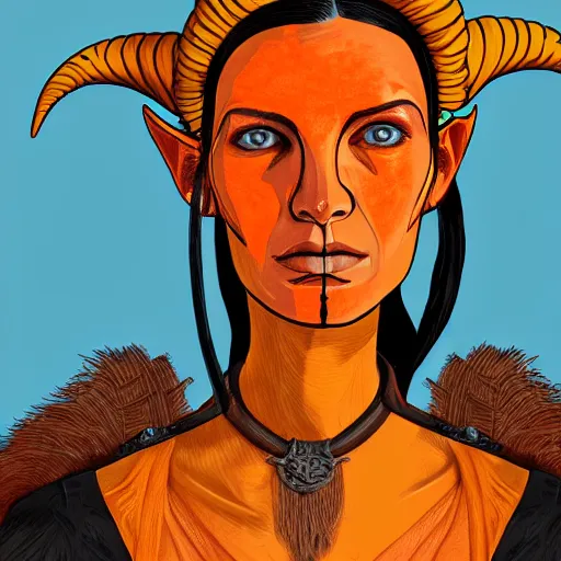 Prompt: illustrated portrait of skinny prominently ram-horned woman with orange skin and blue hair wearing leather armor, hyper detailed, photorealistic