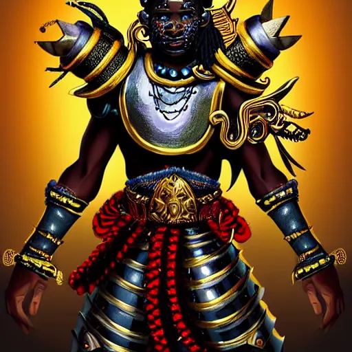 Image similar to a young black boy dressed like an african moorish warrior, wearing golden armor and a crown with a ruby and a black diamond in his forehead, posing with a very ornate glowing electric spear!!!!!!!!, for honor character digital illustration portrait design, by android jones in a psychedelic fantasy style, dramatic lighting, hero pose, wide angle dynamic action shot