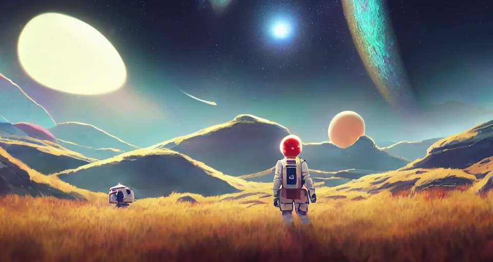 Prompt: astroneer chasing a distant spaceship Anime, wide angle, fine details, cinematic. galaxy starscape. realistic shaded lighting by Ilya Kuvshinov Giuseppe Dangelico Pino and Michael Garmash and Rob Rey greg rutkowski, octane render, IAMAG premiere, aaaa achievement collection, elegant freckles, cinematic hologram, fabulous, daily deviation, 4k, 8k, annual award winner