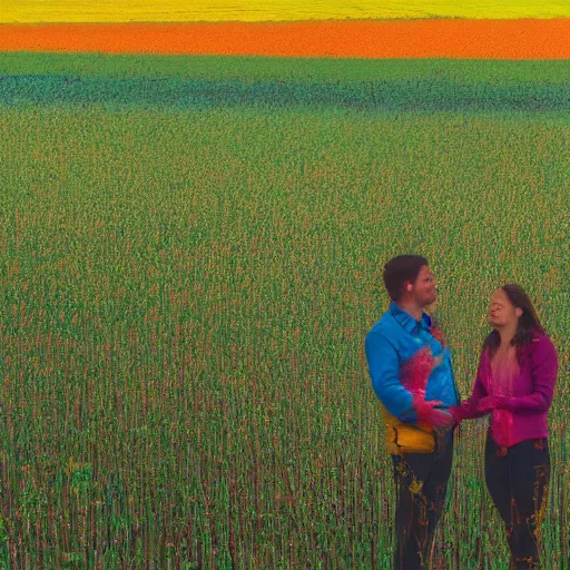 Image similar to A person meeting another person above a van Gogh style field while both person are surrounded by a colourfull wind around their chests, dream, 40nm lens, shallow depth of field, split lighting, 4k,