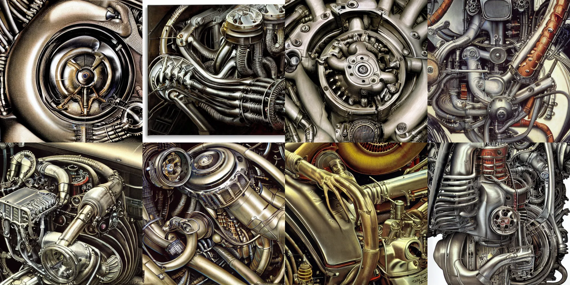 Prompt: closeup of car engine ,biomechanical, mechanical by norman rockwell h.r giger, norman rockwell, giger, highly detailed, soft lighting, 8k resolution, oil on canvas