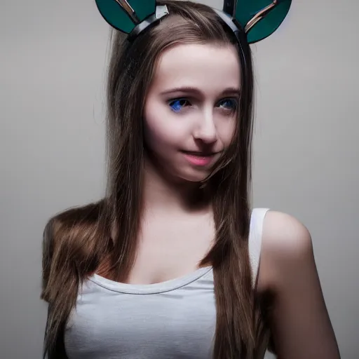 Image similar to cute young woman with robot ears and eyes, 4k, Jason Naylor