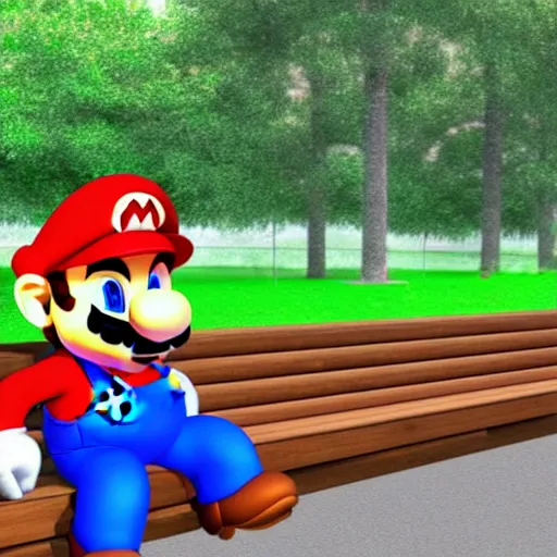 Prompt: 3 d photo of super mario, sitting on a bench with a park behind him, bokeh, shader, anime art style, highly detailed, cel - shaded, colorful, animated, trending