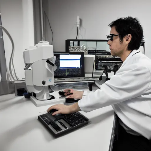 Prompt: scientist working with electron microscope in a clean environment, photography