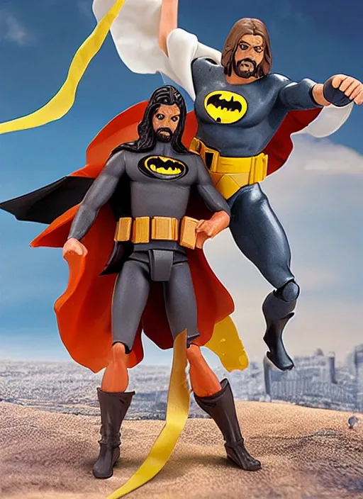 Image similar to Jesus vs the Batman in the flying sandals of salvation action figures toy pack