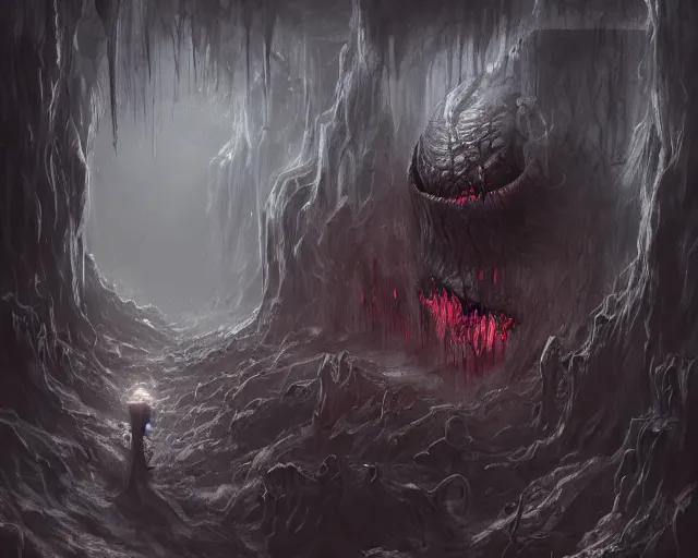 Prompt: a horrifying terrifying mysterious ominous creepy scary dark cave built out of flesh and monsters, sci - fi, fantasy, abstract art, surrealism, horror, body horror, lovecraftian, traditional art, 4 k, hd, concept art, digital art, trending on artstation