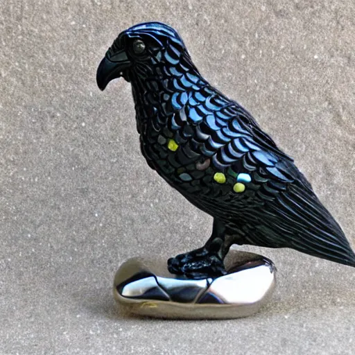 Prompt: metallic mineral stones sculpted into a very realistic raven. Inlaid with cut gemstones and smooth polished minerals. beautiful sculpting. masterwork.