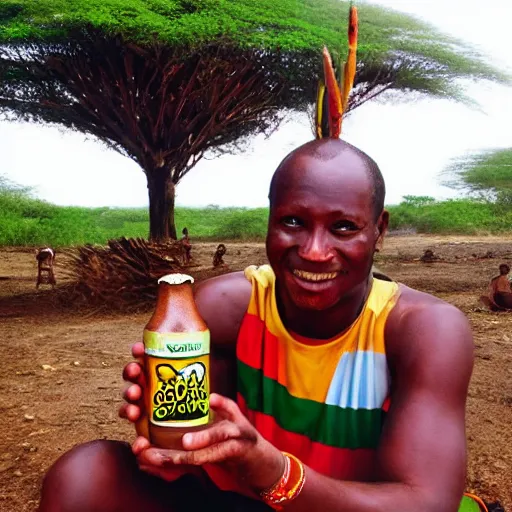 Image similar to bongo man drinking bongo beer on bongo style africa bongo people and love, realistic photo, surreal place