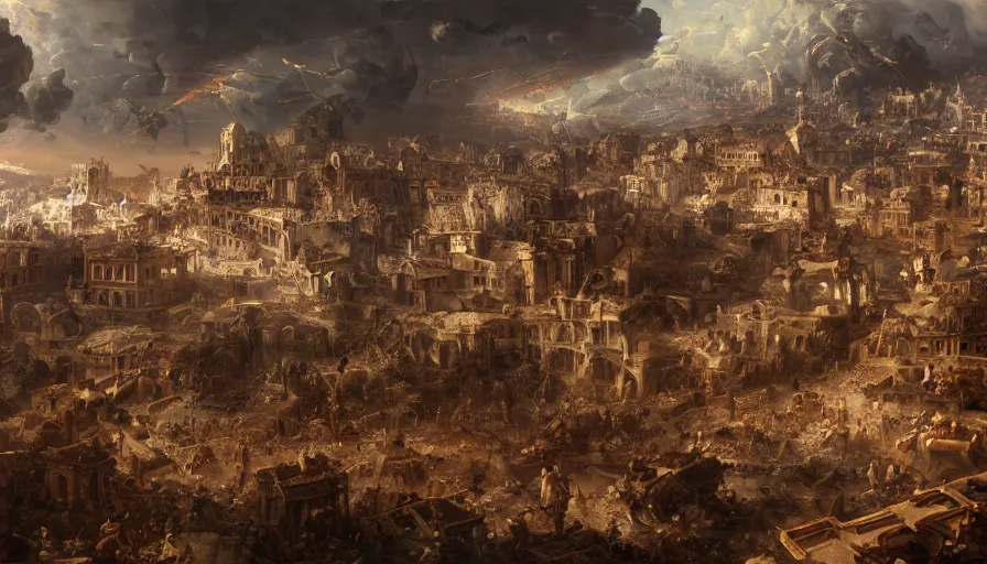 Prompt: Baroque painting of destroyed Roma during meteorite fall, hyperdetailed, artstation, cgsociety, 8k