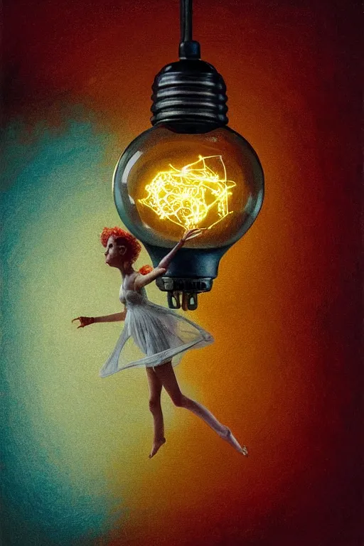 Image similar to painting of a fairy inside an upside down light bulb, kintsugi, modern fine art, fractal, intricate, elegant, highly detailed, digital photography, subsurface scattering, by wes anderson and basquiat and greg rutkowski,