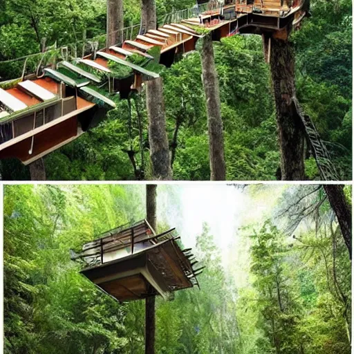 Image similar to a modern tree house village, ladders, hanging bridges, hanging gardens, in the forest, beautiful scenery