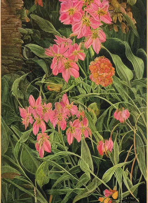 Prompt: beautiful mysterious plants and flowers ; botanical poster art by frederick edward hulme ; detailed painting