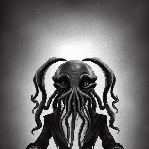 Image similar to black and white photograph of cthulhu wearing a business suit, highly detailed, high quality, high resolution