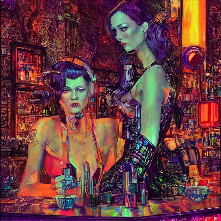 Image similar to beautiful psychedelic digital art of a beautiful cyberpunk lady in a cozy bar by Mad Dog Jones, Norman Rockwell and Ben Erdt