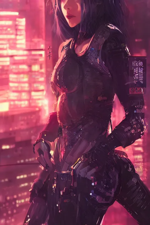 Image similar to portrait futuristic Ninja Girl, in future cyberpunk tokyo rooftop , ssci-fi, fantasy, intricate, very very beautiful, elegant, neon light, highly detailed, digital painting, artstation, concept art, smooth, sharp focus, illustration, art by WLOP and tian zi and alphonse mucha