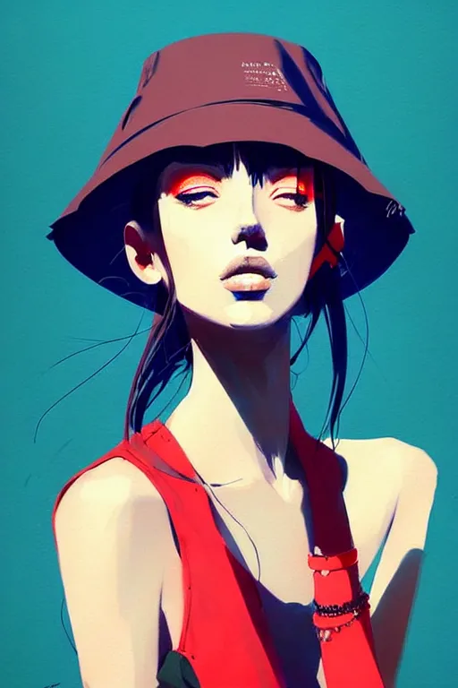 Image similar to a ultradetailed beautiful painting of a stylish woman wearing a bucket hat, by conrad roset, greg rutkowski and makoto shinkai trending on artstation