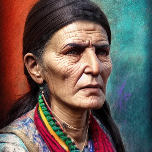 Image similar to hyperrealistic mixed media high resolution image of a beautiful Kurdish grandmother, stunning 3d render inspired art by István Sándorfi and Greg Rutkowski and Unreal Engine, perfect symmetry, dim volumetric lighting, 8k octane beautifully detailed render, post-processing, extremely hyper-detailed, intricate, epic composition, highly detailed attributes, highly detailed atmosphere, full body shot, cinematic lighting, masterpiece, trending on artstation, very very detailed, masterpiece, stunning, flawless structure, lifelike texture, perfection,