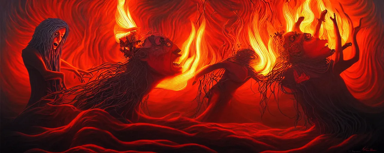 Image similar to wild emotion and thought creatures repressed in the depths unconscious of the psyche lead by baba yaga, about to rip through and escape in a extraordinary revolution, dramatic fire glow lighting, surreal painting by ronny khalil