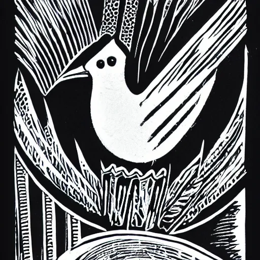 Image similar to block print bird in the style of strawcastle, black ink on white paper