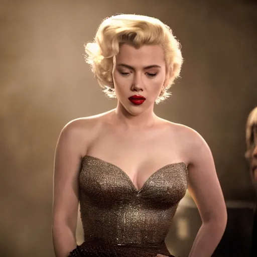 Image similar to stunning awe inspiring scarlett johansen as marilyn monroe, movie still 8 k hdr atmospheric lighting