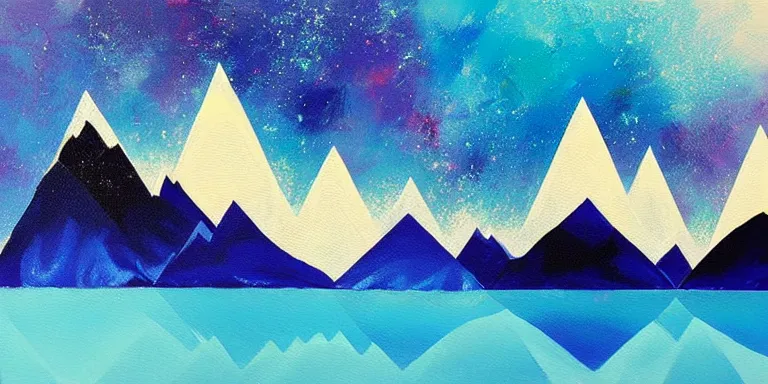 Image similar to a beautiful abstract acrylic painting of geometric mountain tops on a lake made of nebula by viktoria lapteva