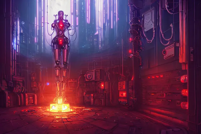 Prompt: hearth of the machine in cyberpunk style, cybernetic shrine, robot religion, realistic shaded lighting, magali villeneuve, artgerm, rutkowski