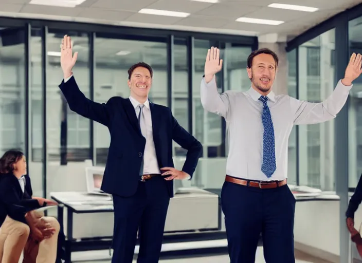 Image similar to realistic man in office waving goodbye to group of people