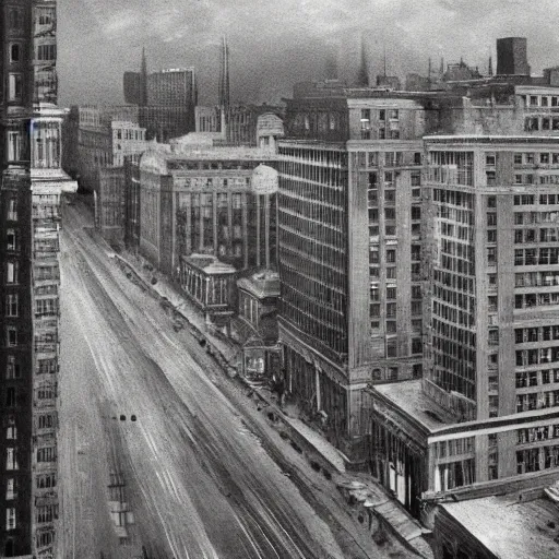 Prompt: full color ultra realistic photo of a balcony view of 1 9 2 5 boston downtown with a broken and distorted sky, dark, brooding, night, atmospheric, ultra - realistic, smooth, highly detailed