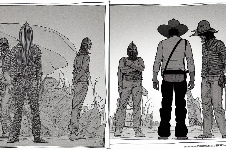 Image similar to full body script supervisor photography of a background character for a film in a world inspired by jean giraud moebius and geoff darrow