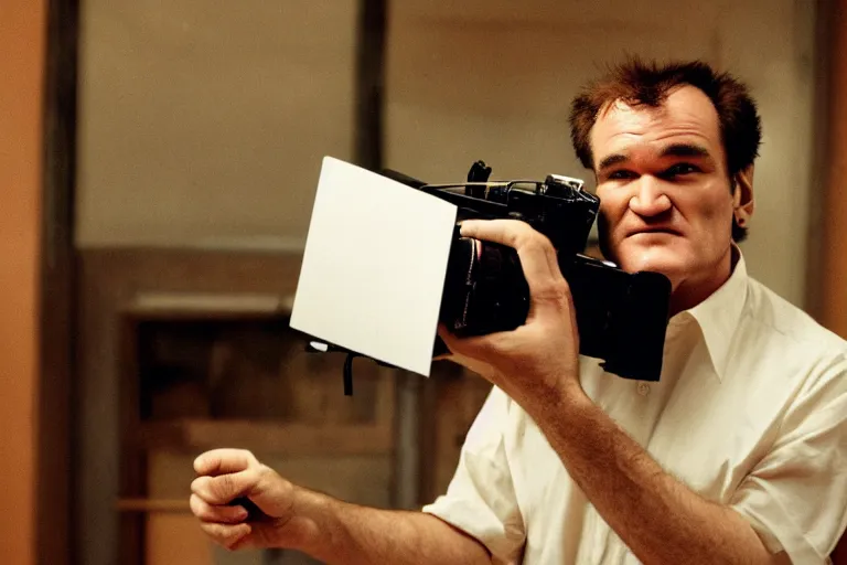 Image similar to high quality photo of aQuentin tarantino holding a 16 mm camera