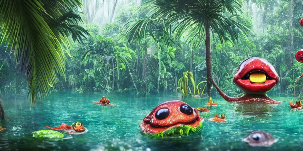 Image similar to of a tropical rainforest lake with strange cute friendly happy creatures with huge eyes, mouth, long tongue, round teeth and goofy face, appearing from the water, in the style of gehry and gaudi, macro lens, shallow depth of field, ultra detailed, digital painting, trending artstation, concept art, illustration, cinematic lighting, photorealism, epic, octane render