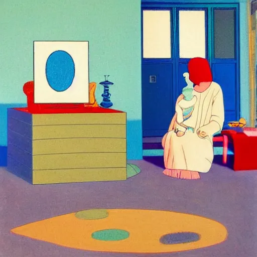 Prompt: A beautiful installation art harmony of colors, simple but powerful composition. A scene of peaceful domesticity, with a mother and child in the center, surrounded by a few simple objects. Colors are muted and calming, serenity and calm. stuckism, rendered in octane by Rumiko Takahashi, by Charles Robinson