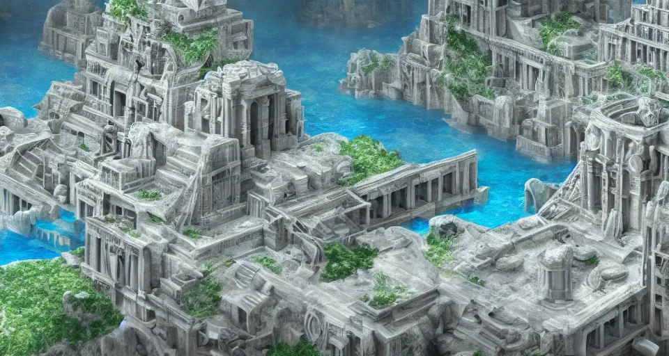 Prompt: the lost city of Atlantis, underwater, from afar, fully built buildings, white marble, hyper detailed, 4K