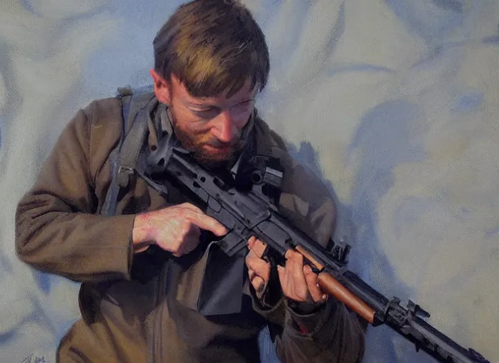 Prompt: a highly detailed beautiful portrait of tomm yorke shooting a ak 4 7, by gregory manchess, james gurney, james jean