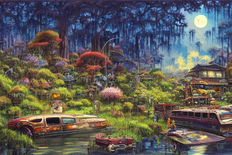 Prompt: oil painting, super - detailed scene spirited away, twilight junkyard, louisiana swamps, indigo blooming flowers garden, japanese sci - fi books art, artwork by brothers hildebrandt, hd, 4 k, high quality