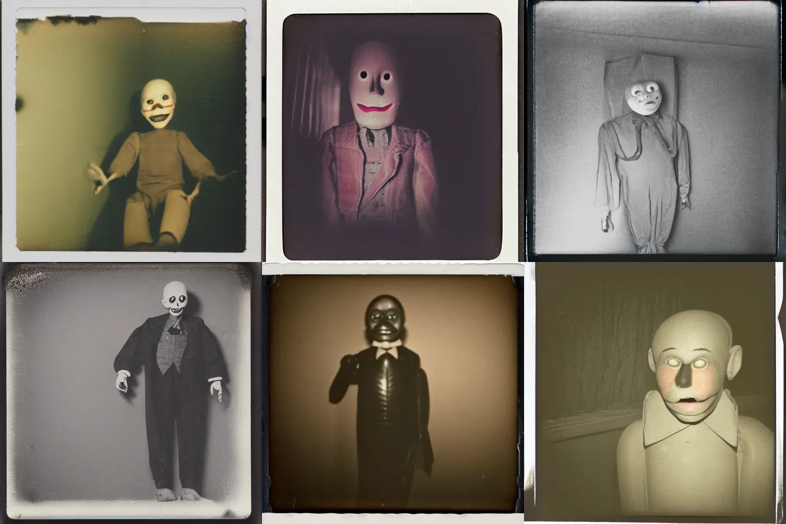 Prompt: an eerie polaroid photograph of a ventriloquist dummy inside the crawlspace, nighttime, dimly lit, creepy