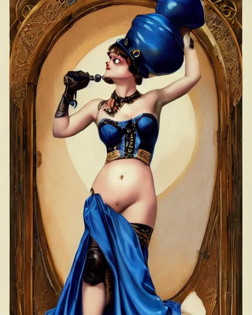 Prompt: christina ricci, gorgeous steampunk pinup, fat, 1 9 2 0 s, black oil bath, exposed midriff, beautiful blue eyes. by j. c. leyendecker and alain aslan and charlie bowater.