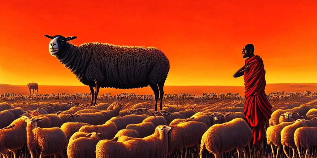 Prompt: an masai warrai guarding a herd of sheep in a large arid plain, surrounded by alien creatures while the orange sun sets. by dan mumford.