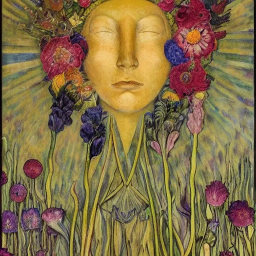 Image similar to closeup of a facemask made of flowers, by annie swynnerton and jean delville and edward hopper and diego rivera and evelyn de morgan and rufino tamayo, dark flower shaman, art brut, outsider art, symbolist, dramatic lighting, god rays, elaborate geometric ornament, clean crisp graphics, smooth sharp focus, extremely detailed, adolf wolfli