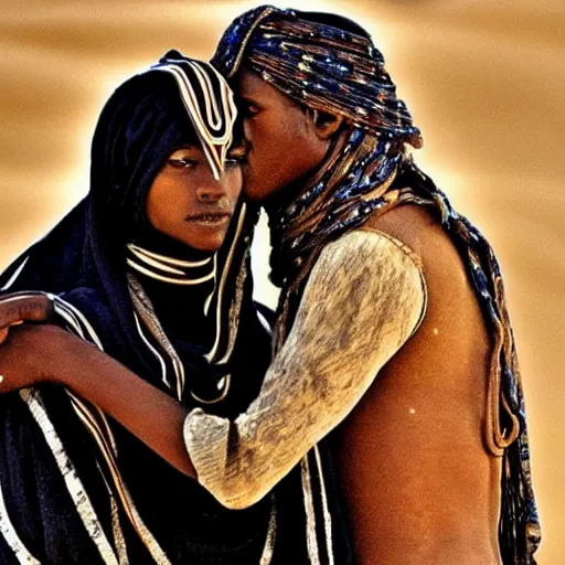 Image similar to a sand wraith kissing a handsome tuareg. Amazing detailed movie still