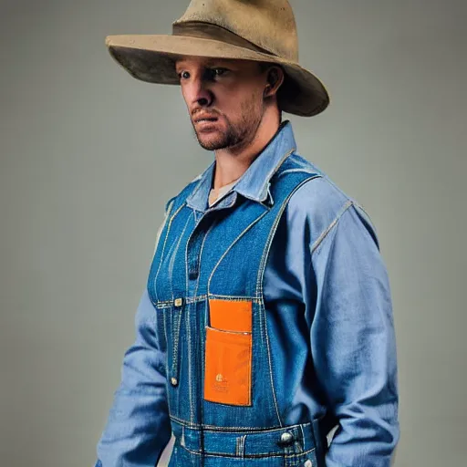 Prompt: kangaroo wearing denim overalls that have a front pocket, fashion managzine photograph, studio lighting