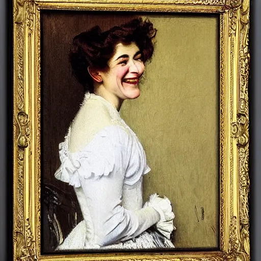 Image similar to young victorian lady laughing, painted by alfred stevens