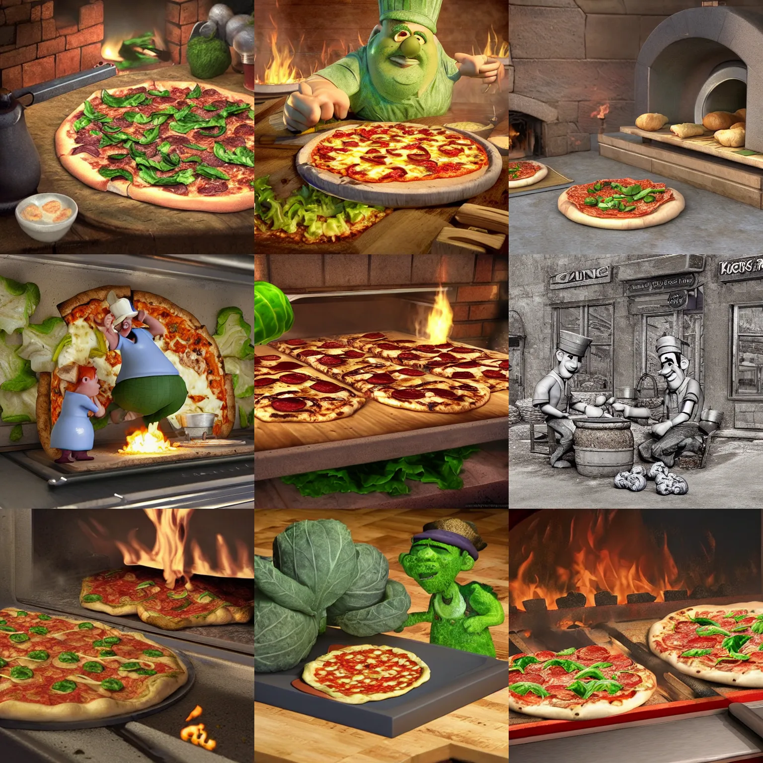 Prompt: cabbages and kings cooking pizza in a wood fired oven, highly detailed 3 d render, funny, pixar