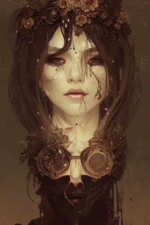 Prompt: A full portrait of a beautiful terrible dystopian junktown Japanese necromancer sorcerer enchanter, intricate, elegant, highly detailed, digital painting, artstation, concept art, smooth, sharp focus, illustration, art by Krenz Cushart and Artem Demura and alphonse mucha