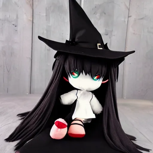 Prompt: rather sad and gloomy witch girl cute fumo plush