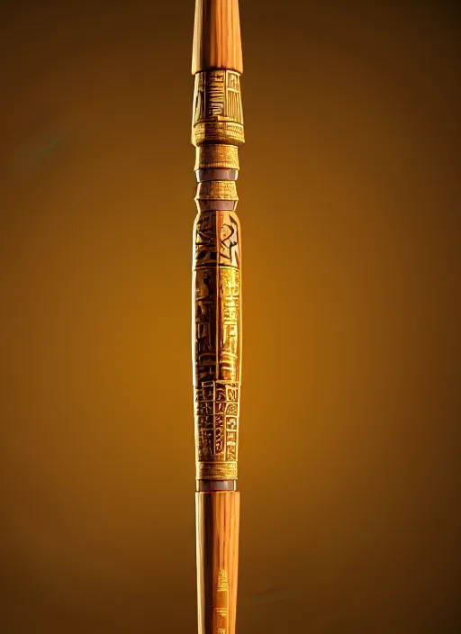 Prompt: rpg item render, a single egyptian wood staff made of gold, ancient symbols, bright, Unreal 5, DAZ, hyperrealistic, octane render, dynamic lighting
